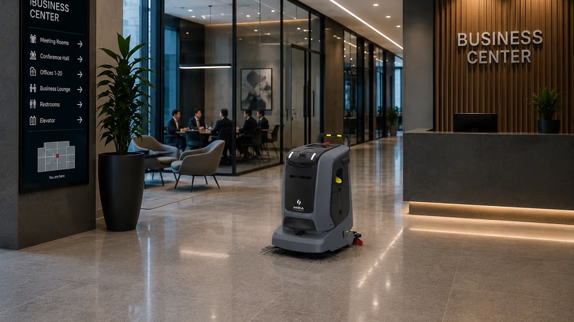 Robotski čistilni stroj Gausium Mira v poslovni stavbi