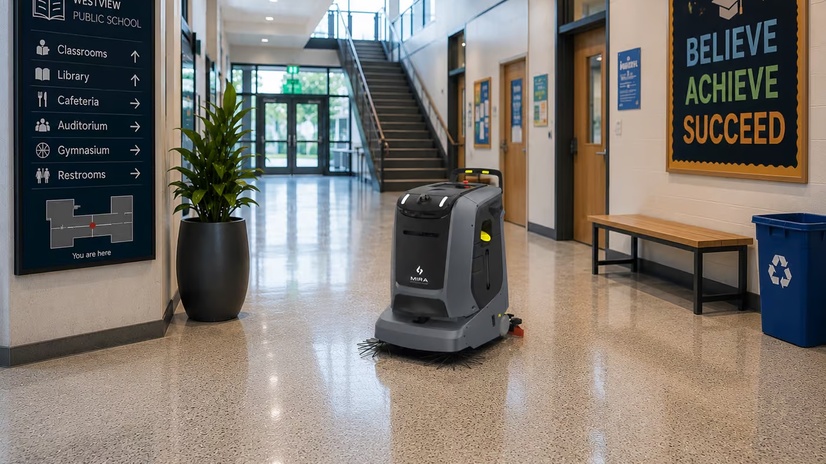 Robotski čistilni stroj Gausium Mira v šoli