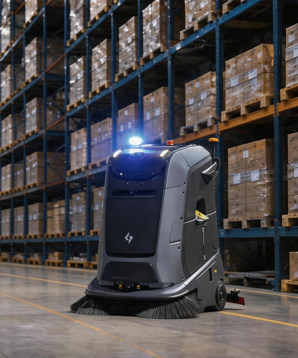 Avtonomni robot za čiščenje Gausium Marvel v skladišču